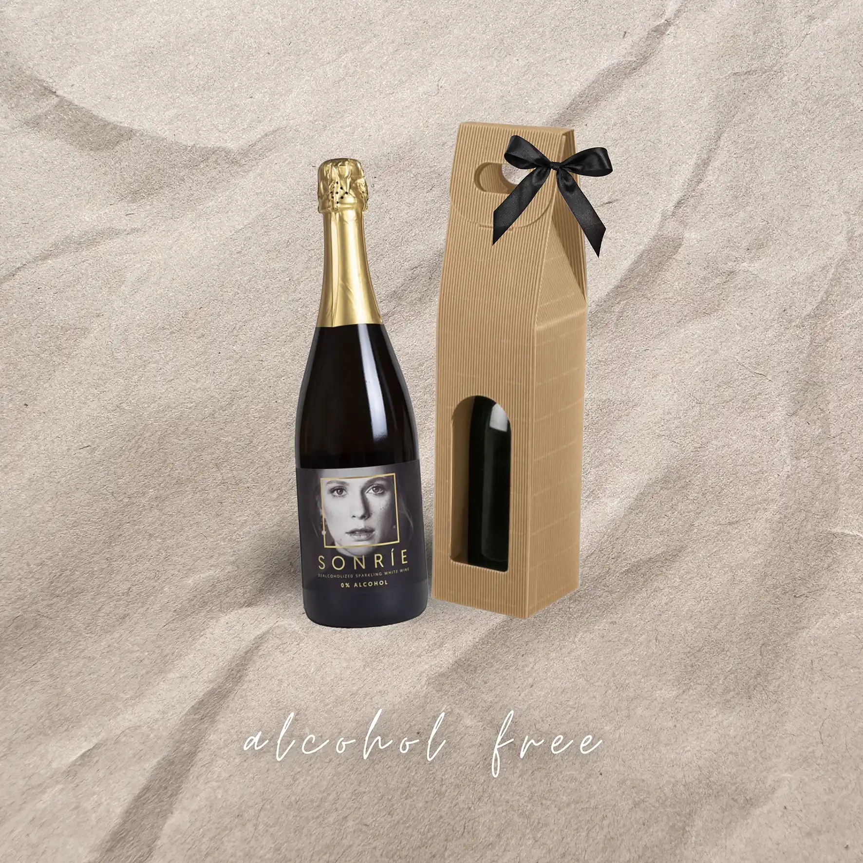 non-alcoholic wine sparkling wine in a glass bottle gift box bow