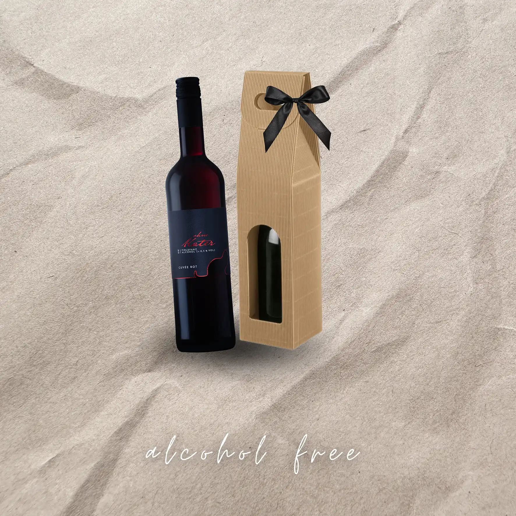 non-alcoholic wine, red wine in a glass bottle, gift set with a bow