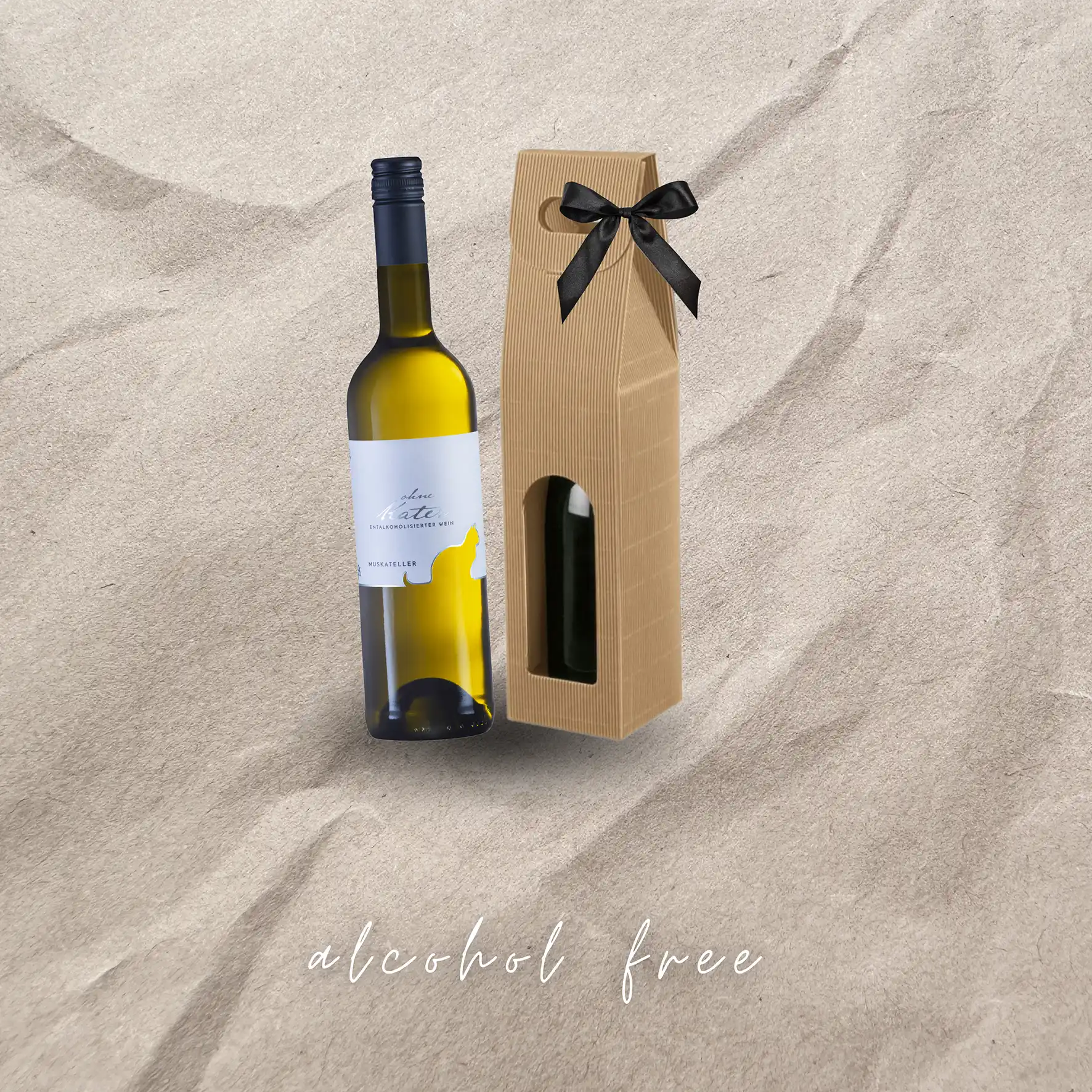 non-alcoholic wine, white wine in a glass bottle, gift set with a bow