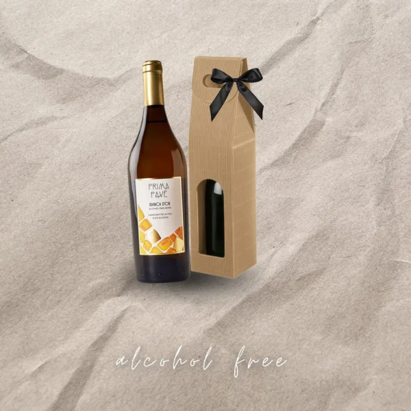 non-alcoholic wine, white wine in a glass bottle, gift set with a bow